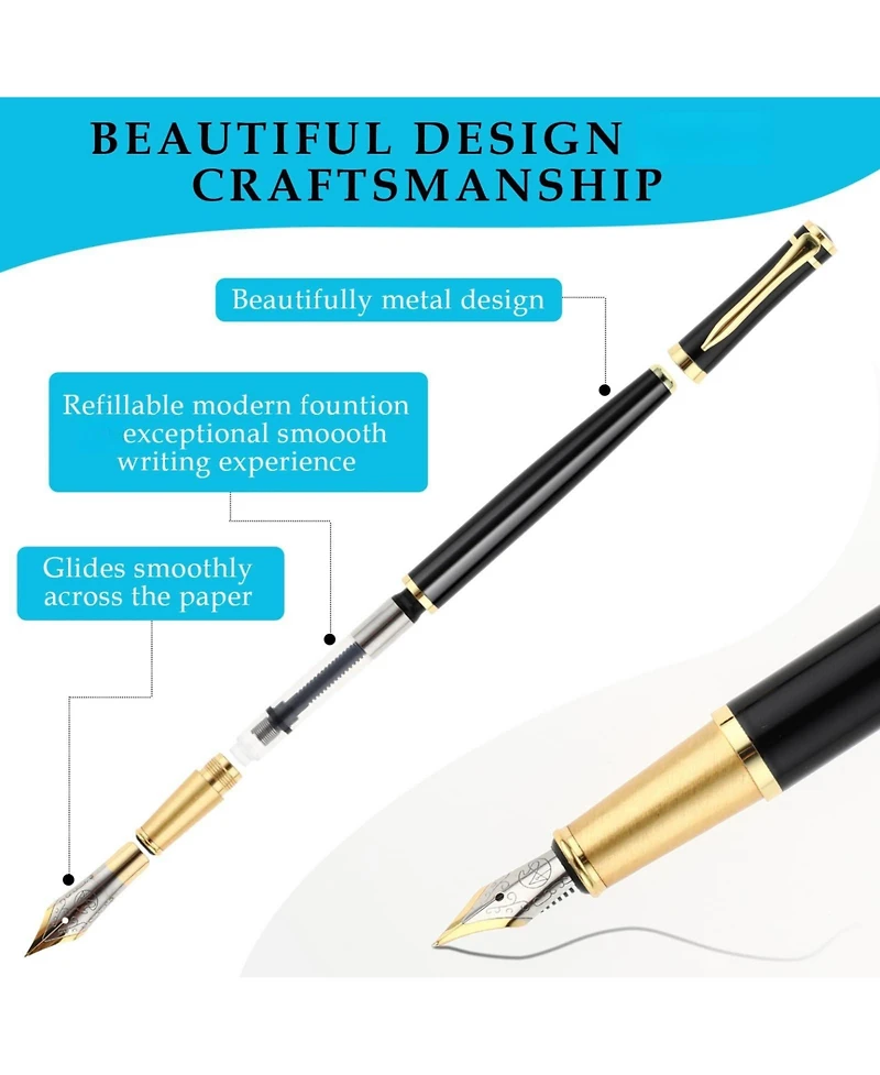 Danrong Luxury Metal Fountain Pen Set 0.5mm Fine Nib 6 Black Ink Cartridges Smooth Writing Gift for Business Office Journaling