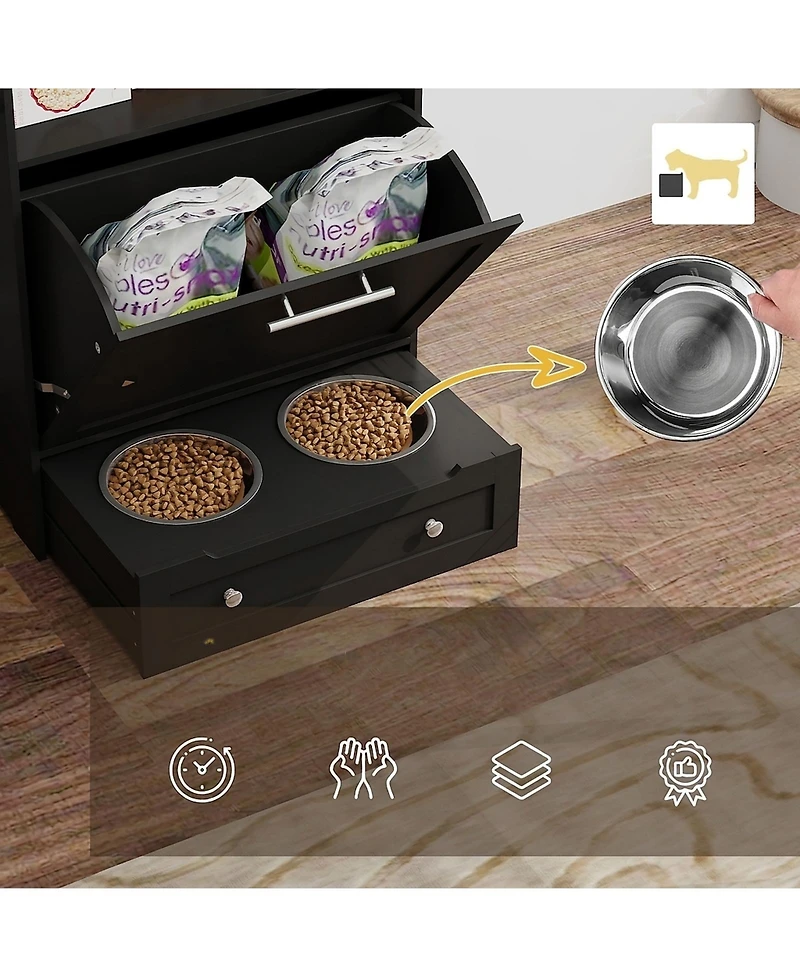 Ruie Pet Feeder Storage Cabinet with Raised Bowls and Food Compartment