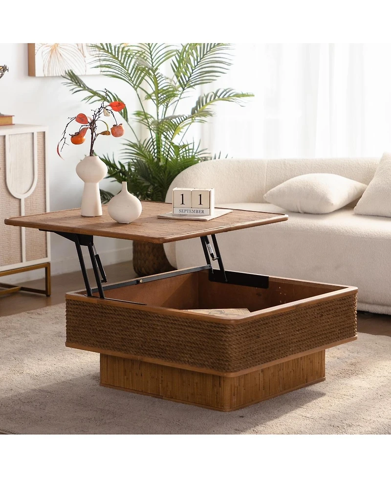 Streamdale Furniture 31.52" Square Rattan and Hemp Rope Coffee Table with Adjustable Storage