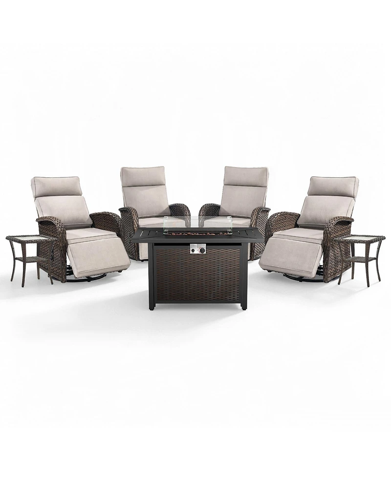 Pocassy 7Pcs Outdoor Swivel Recliner Chair with 50,000 Btu Fire Pit Table Wicker Rattan Bistro Set Tempered Glass Side