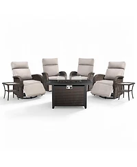 Pocassy 7Pcs Outdoor Swivel Recliner Chair with 50,000 Btu Fire Pit Table Wicker Rattan Bistro Set Tempered Glass Side