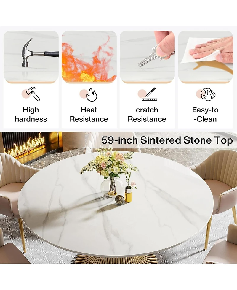 Tribesigns 59" Sintered Stone Round Dining Table for 6-8: Luxury table with steel pedestal for dining room, living room. (Table only)
