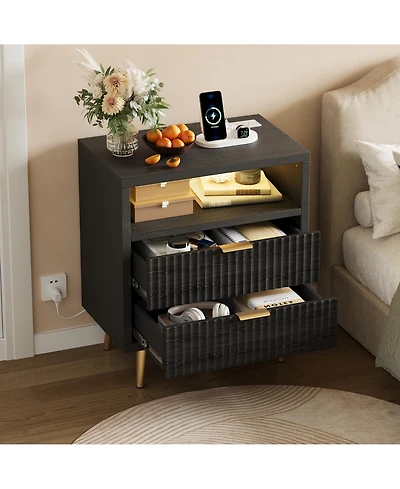 homfan 2 Drawer Dresser, 23.6" Wooden Cabinet with Led and Charging, Fluted Nightstand Handle, Modern Storage for Closet, Living Room, Hallway