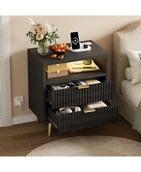 homfan 2 Drawer Dresser, 23.6" Wooden Cabinet with Led and Charging, Fluted Nightstand Handle, Modern Storage for Closet, Living Room, Hallway