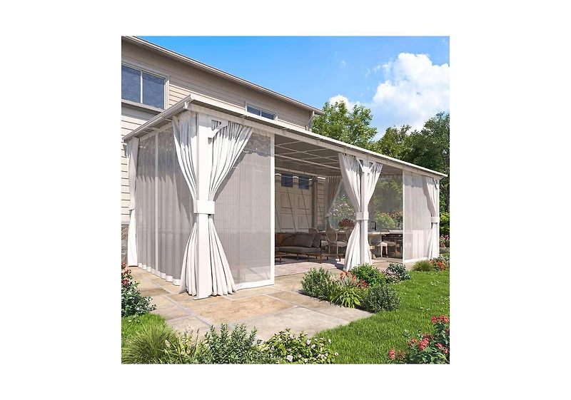 Aecojoy 20' x 12'Wall Mounted Hardtop Gazebo Lean to Metal Pergola with Curtains Netting Patio
