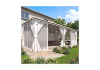 Aecojoy 20' x 12'Wall Mounted Hardtop Gazebo Lean to Metal Pergola with Curtains Netting Patio