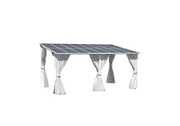 Aecojoy 16' x 10'Wall Mounted Hardtop Gazebo Lean to Metal Pergola with Curtains Netting Patio