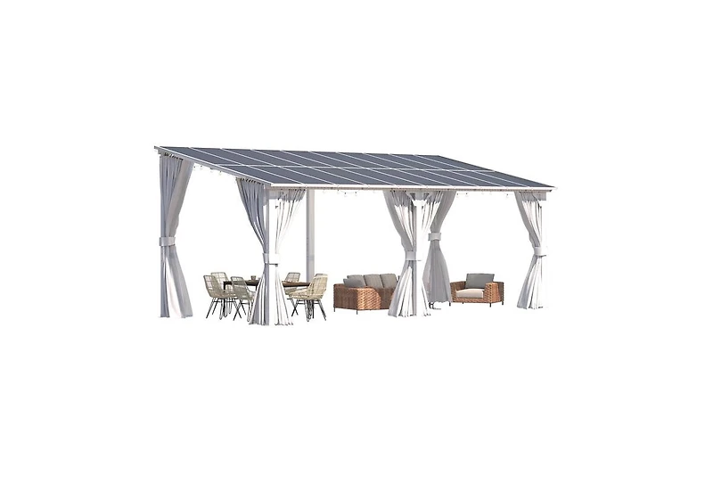 Aecojoy 20' x 8'Wall Mounted Hardtop Gazebo Lean to Metal Pergola with Curtains Netting Patio
