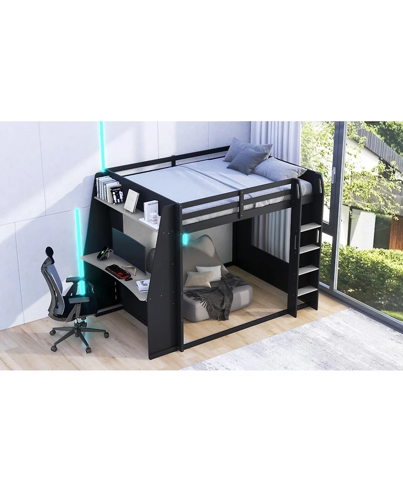 Streamdale Furniture Queen Size Wooden Gaming Bunk Bed with Desk, Storage