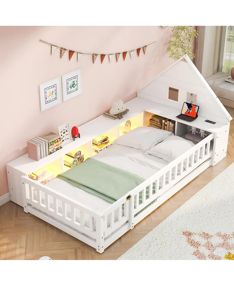 Streamdale Furniture Twin Wood House Floor Bed with Storage, Led, Usb and Outlets