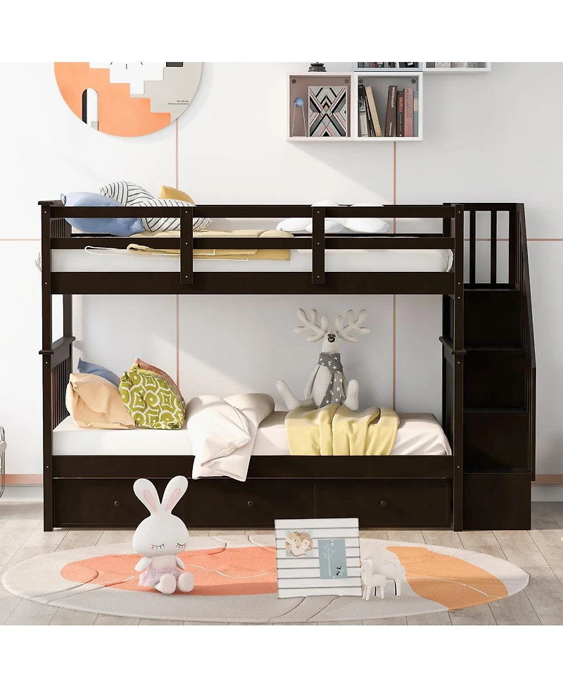 Streamdale Furniture Twin-Over-Twin Stairway Bunk Bed with Three Drawers - Espresso