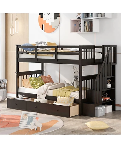 Streamdale Furniture Twin-Over-Twin Stairway Bunk Bed with Three Drawers - Espresso