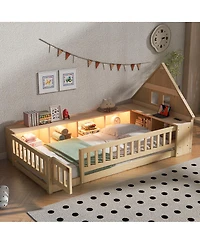 Streamdale Furniture Twin Wood House Floor Bed with Storage, Led, Usb and Outlets