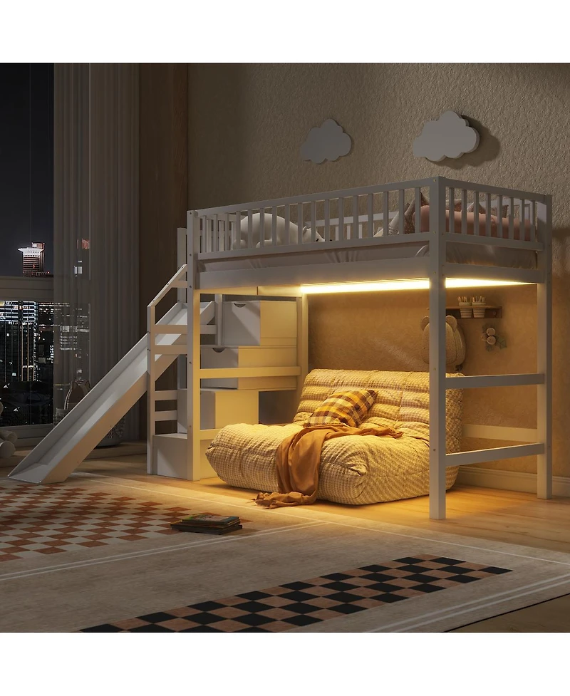 Streamdale Furniture Twin Size Loft Bed with Storage Staircase, Slide and Led Light
