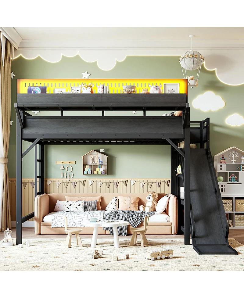 Streamdale Furniture Queen Loft Bed with Slide, Storage, Wardrobe, Usb