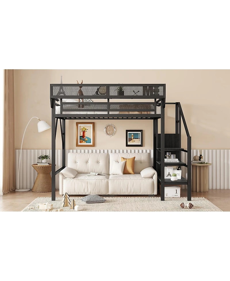 Streamdale Furniture Twin Size Metal Loft Bed with Stairs, Storage Shelves, and Wardrobe