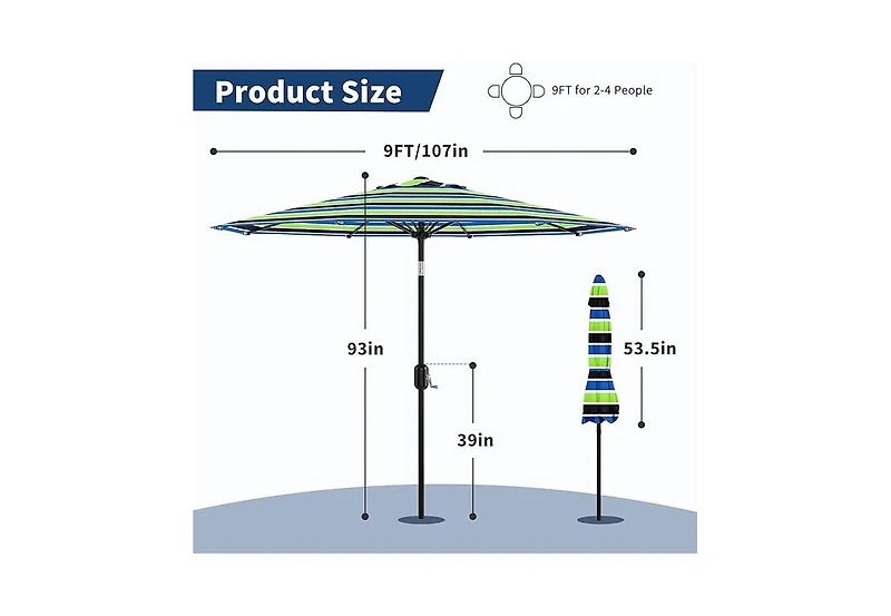 homfan 9 Feet Patio Umbrella, Outdoor Market Umbrella with Push Button Tilt and Crank, 8-Rib Iron Frame, striped