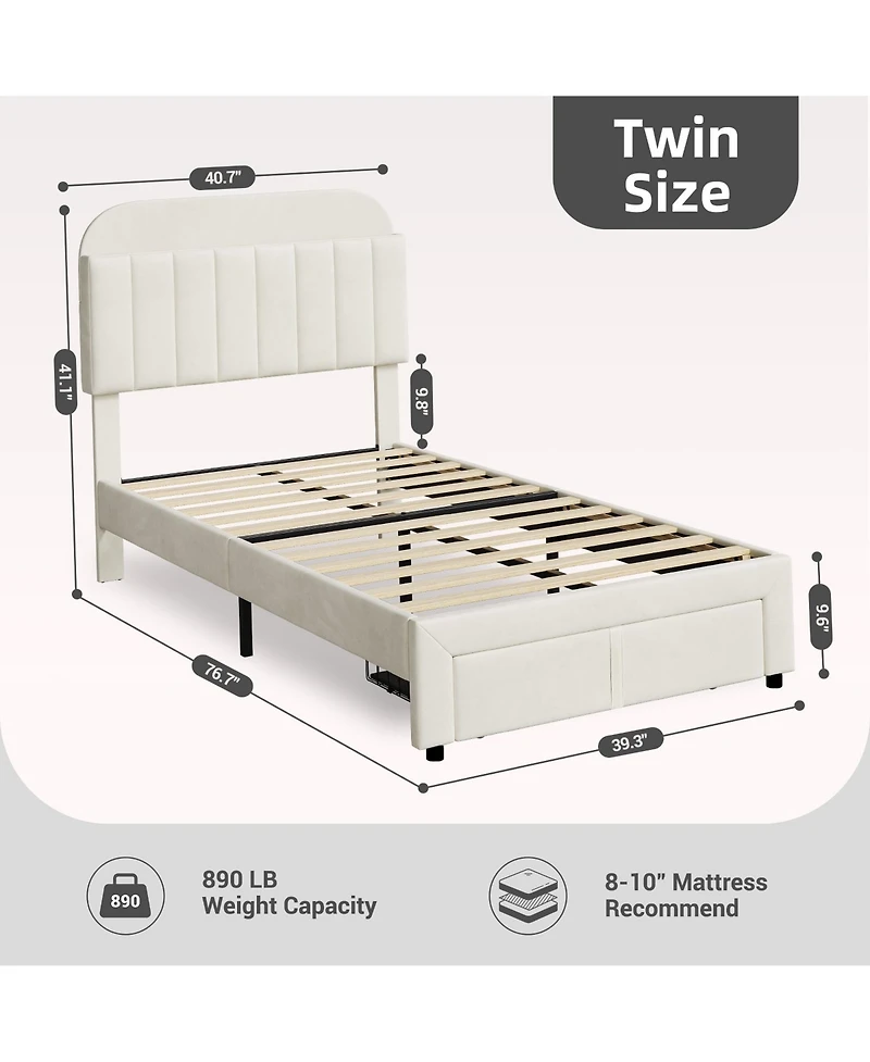homfan 2 Sets Twin Upholstered Platform Bed Set, Bookcase Headboard with Large Storage Drawer, No Box Spring Required, Easy Assembly