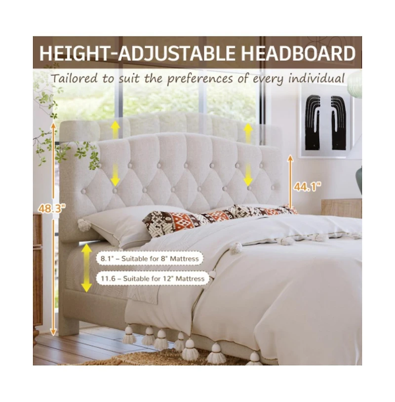 Lucky One King Size Upholstered Platform Bed with Adjustable Curved Headboard, Diamond Tufting, Wooden Slats, No Box Spring Needed