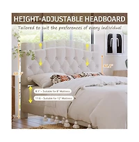Lucky One King Size Upholstered Platform Bed with Adjustable Curved Headboard, Diamond Tufting, Wooden Slats, No Box Spring Needed