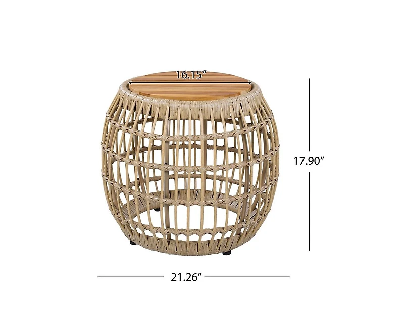 sumyeg Acacia Wood Outdoor Side Table with Wicker Base, Round Accent Table