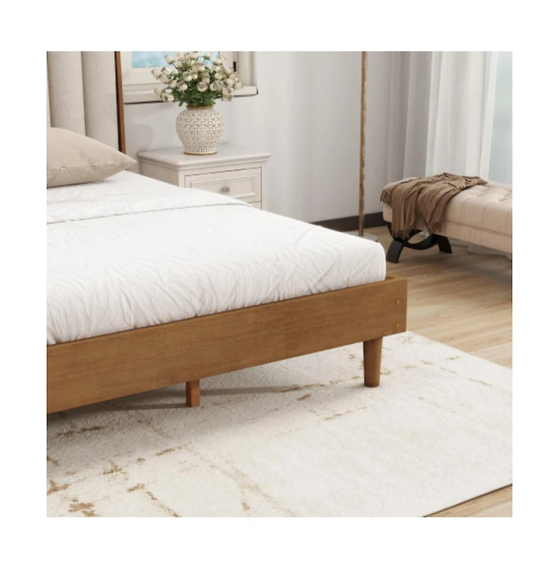 Lucky One King Size Wood Bed with Piano Key Style Upholstered Headboard, Strengthened Frame, Wood Slats, No Box Spring Needed