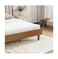 Lucky One King Size Wood Bed with Piano Key Style Upholstered Headboard, Strengthened Frame, Wood Slats, No Box Spring Needed