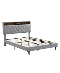 Lucky One Queen Size Upholstered Platform Bed Frame with Button-Tufted Linen Headboard, Usb Ports, Charging Station, Side Pockets