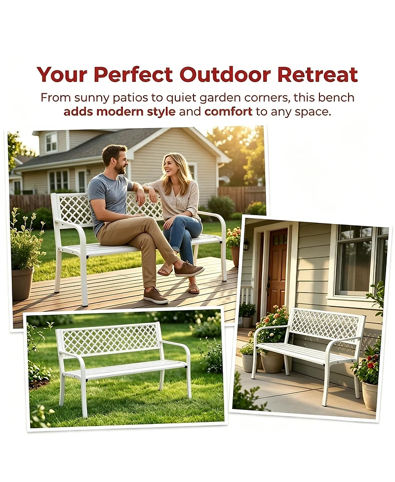 homfan 50" Heavy Duty Steel Patio Garden Bench for 2, Outdoor Chair,Weather Resistant, Durable Geometric Backrest, Ideal for Yard, Porch, Deck Seating