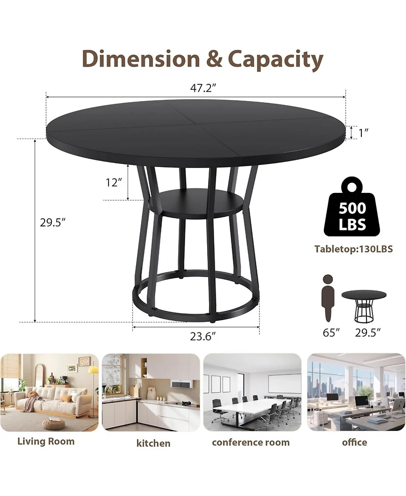 homfan 47 Inch Farmhouse Round Dining Table, Wood Kitchen Table with 2-Tier Storage Shelf for or Living Room