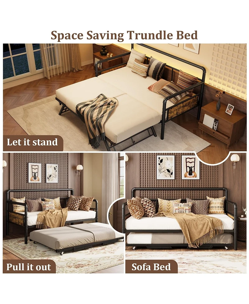 homfan Daybed with Trundle, Twin Daybed with Pop Up Trundle Set, Metal Twin Bed Frame with Steel Slat Support, Easy Assembly