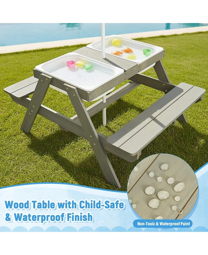 homfan 4 1 Kids Sand and Water Table, Wooden Sensory Activity Table with Removable Umbrella for Toddlers