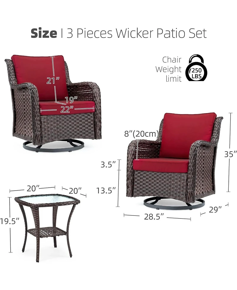 homfan Piece Outdoor Wicker Bistro Set, Swivel Rocker Chairs with Cushions and Glass Table for Patio or Garden