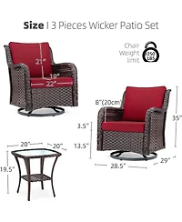 homfan Piece Outdoor Wicker Bistro Set, Swivel Rocker Chairs with Cushions and Glass Table for Patio or Garden