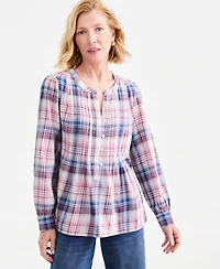 Style & Co Petite Claire Plaid V-Neck Long-Sleeve Blouse, Macy's Exclusive