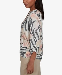Alfred Dunner Women's Travel Advisory Animal Floral Henley Top
