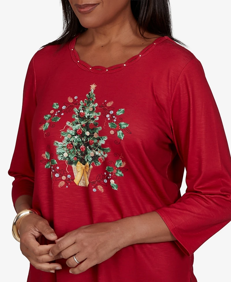 Alfred Dunner Women's Classic Christmas Tree Braided Neck Top