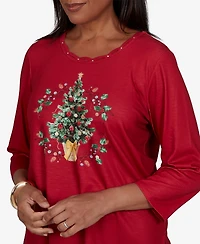 Alfred Dunner Women's Classic Christmas Tree Braided Neck Top