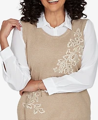 Alfred Dunner Women's Union Square Embroidered Vest Two One Sweater