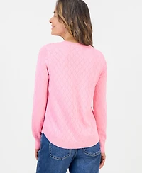 Style & Co Petite Solid Curved Hem Crew Long-Sleeve Mixed-Textured Stitch Sweater, Created for Macy's
