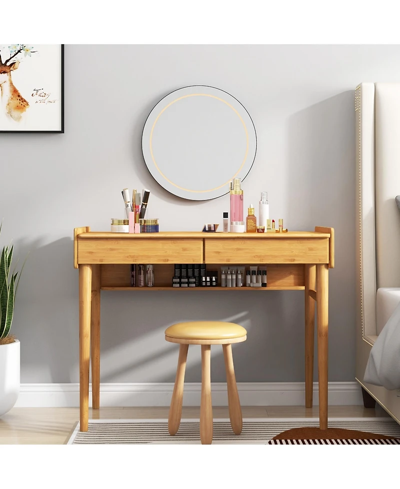 Bamboo Writing Desk 39.5'' Computer Study Desk with 2 Storage Drawers & Open Shelf