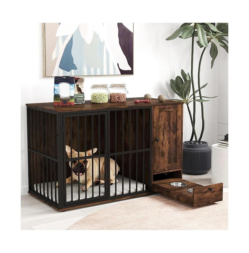 Ruie Dog Crate Furniture End Table with Hidden Pull-Out Feeder Bowls