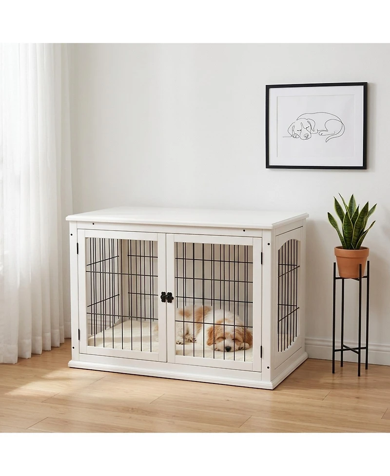 Ruie Wooden Dog Crate End Table with Double Doors and Lockable Latch