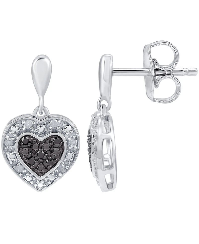 Black & White Diamond Heart Drop Earrings (1/6 ct. t.w.) in Sterling Silver