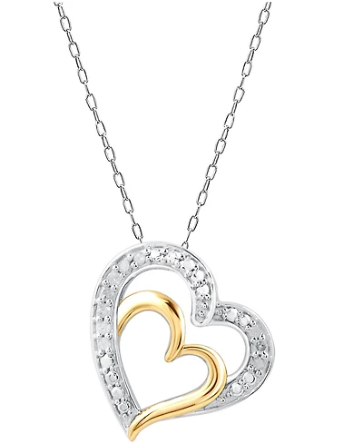 Diamond Double Heart 18" Pendant Necklace (1/10 ct. t.w.) in Sterling Silver & 14k Gold-Plate