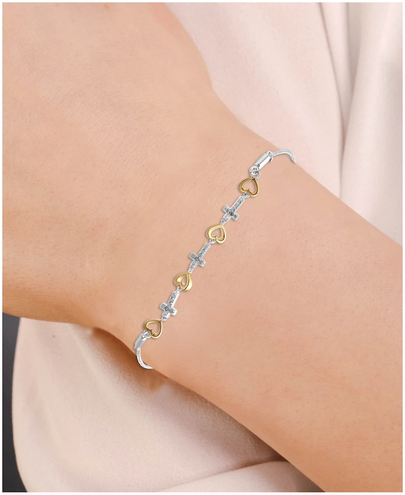Diamond Heart & Cross Bolo Bracelet (1/6 ct. t.w.) in Sterling Silver & Gold-Plated Sterling Silver