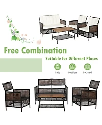 Costway 4Piece Patio Rattan Furniture Set Cushioned Chairs Wood Table Top With Shelf