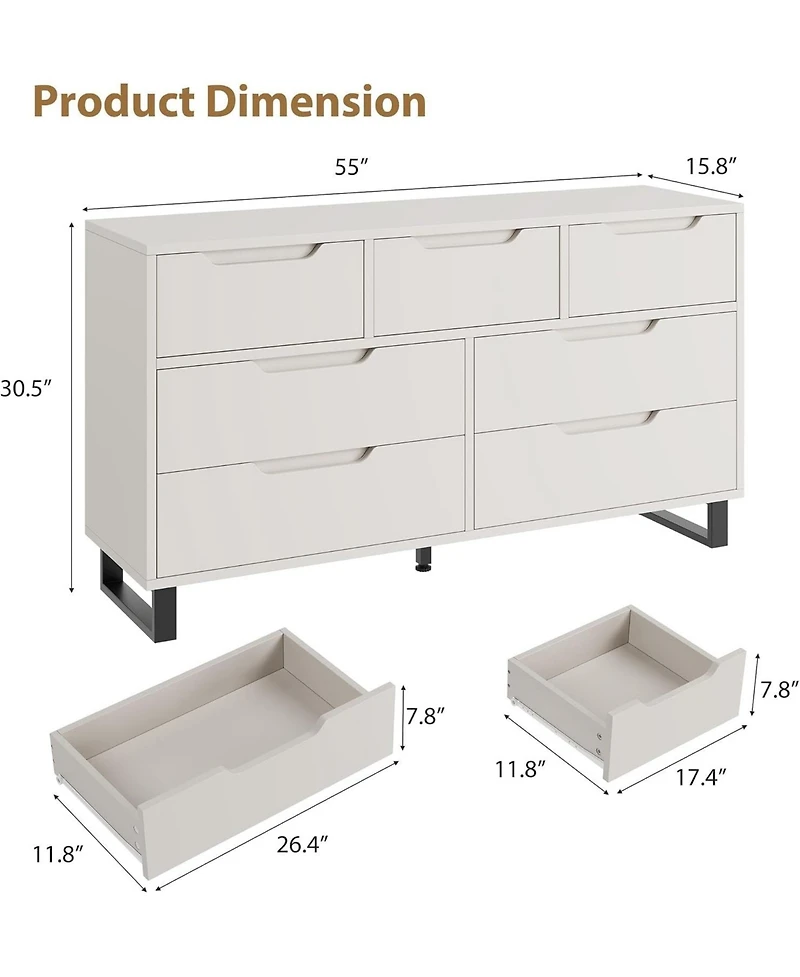 55" Wide 7-Drawer Dresser, Freestanding Storage Chest for Bedroom, Living Room & Entryway, White
