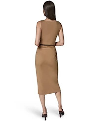 Sleeveless Boat Neck Ponte Belted Midi Sheath Dress