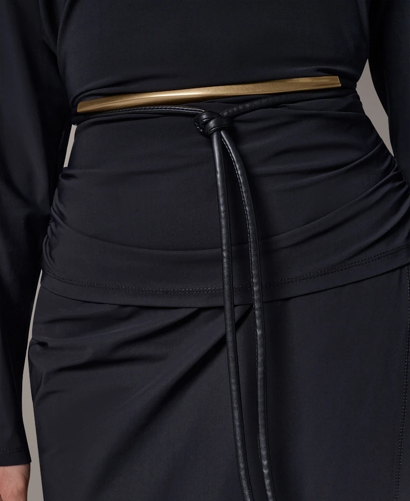 Two-Piece Long Sleeve Draped Top & Pencil Skirt Set with Belt
